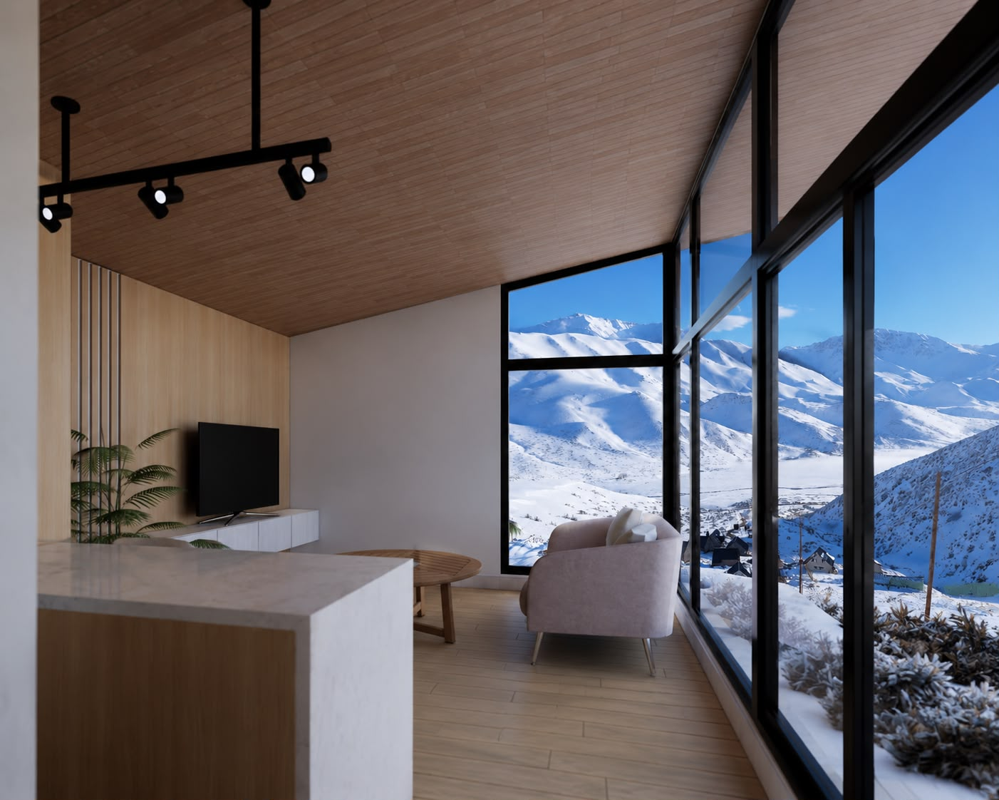 Interior contemporáneo de vivienda modular con cocina, comedor y vistas al paisaje nevado