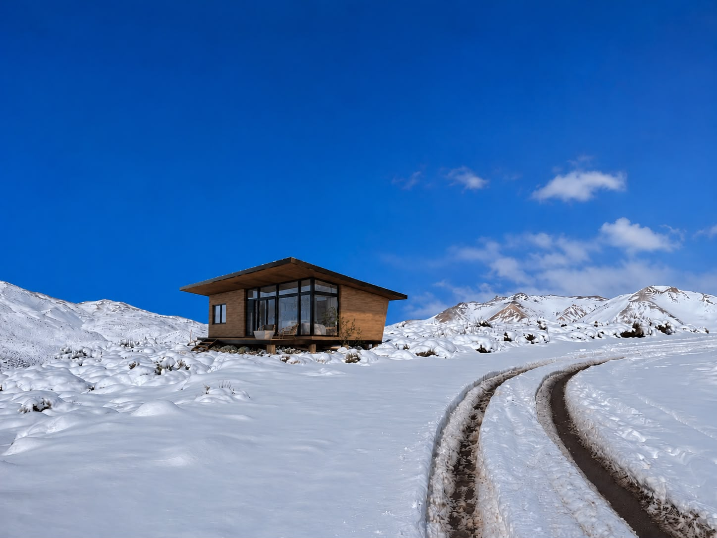 Vivienda modular implantada en un paisaje de montaña nevado