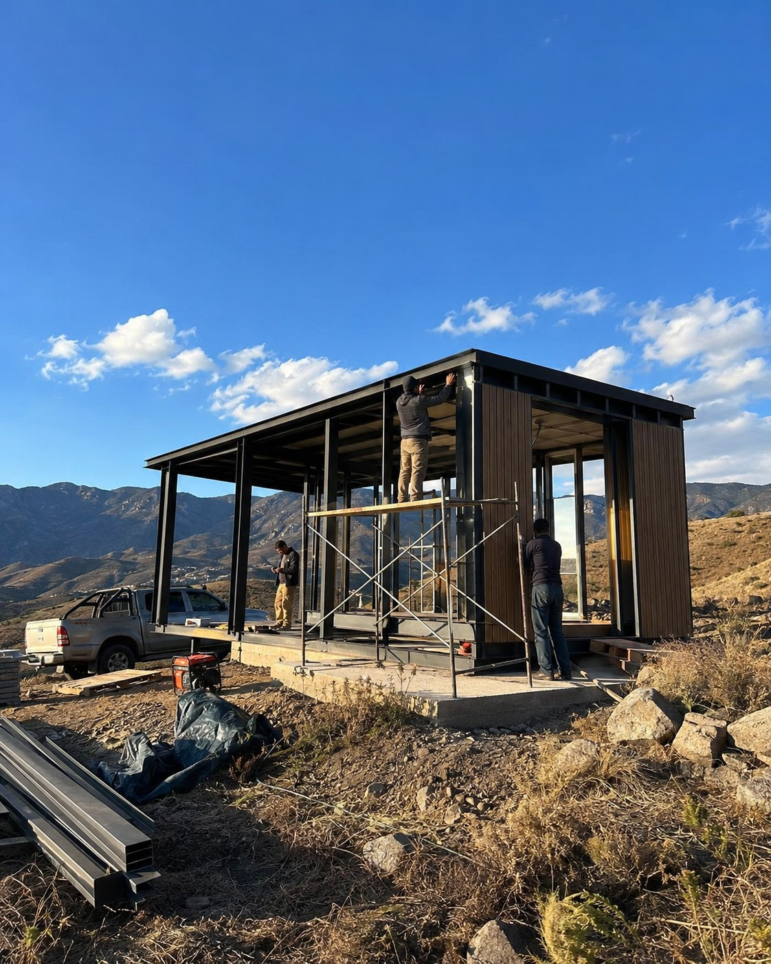 Acceso iluminado a una vivienda modular contemporánea integrada en un entorno natural