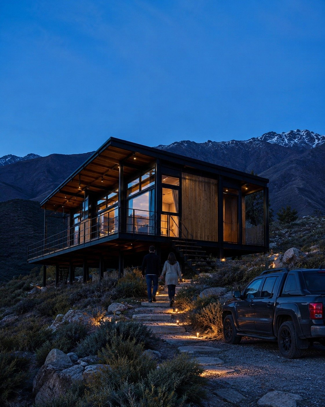 Acceso iluminado a una vivienda modular contemporánea