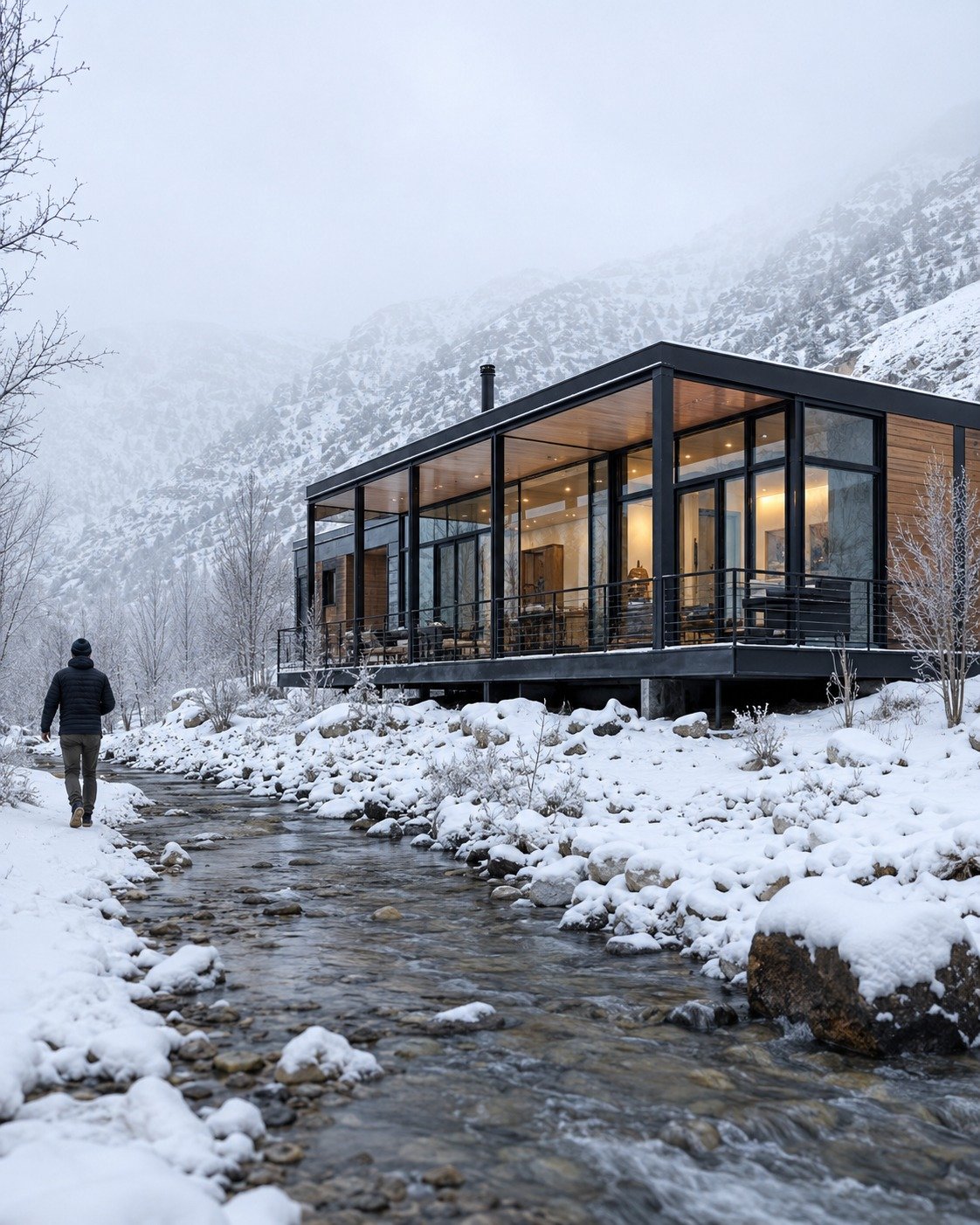 Vivienda modular junto a un arroyo en un paisaje nevado