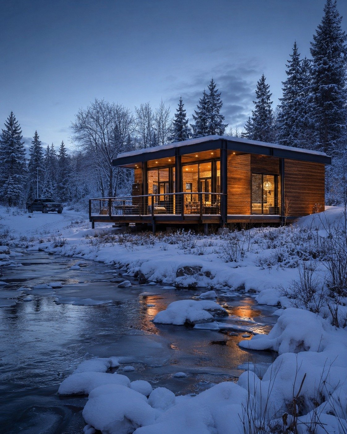 Vivienda modular iluminada durante una noche de nieve