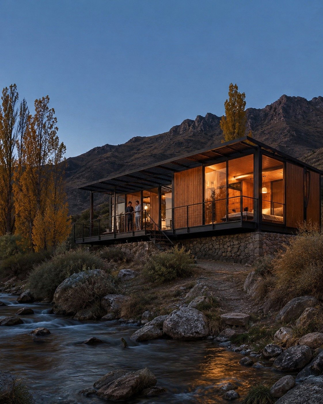 Vivienda modular ubicada junto a un arroyo de montaña