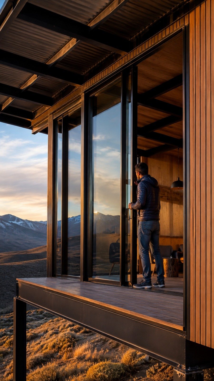 Deck exterior con ventanales y vista a la montaña