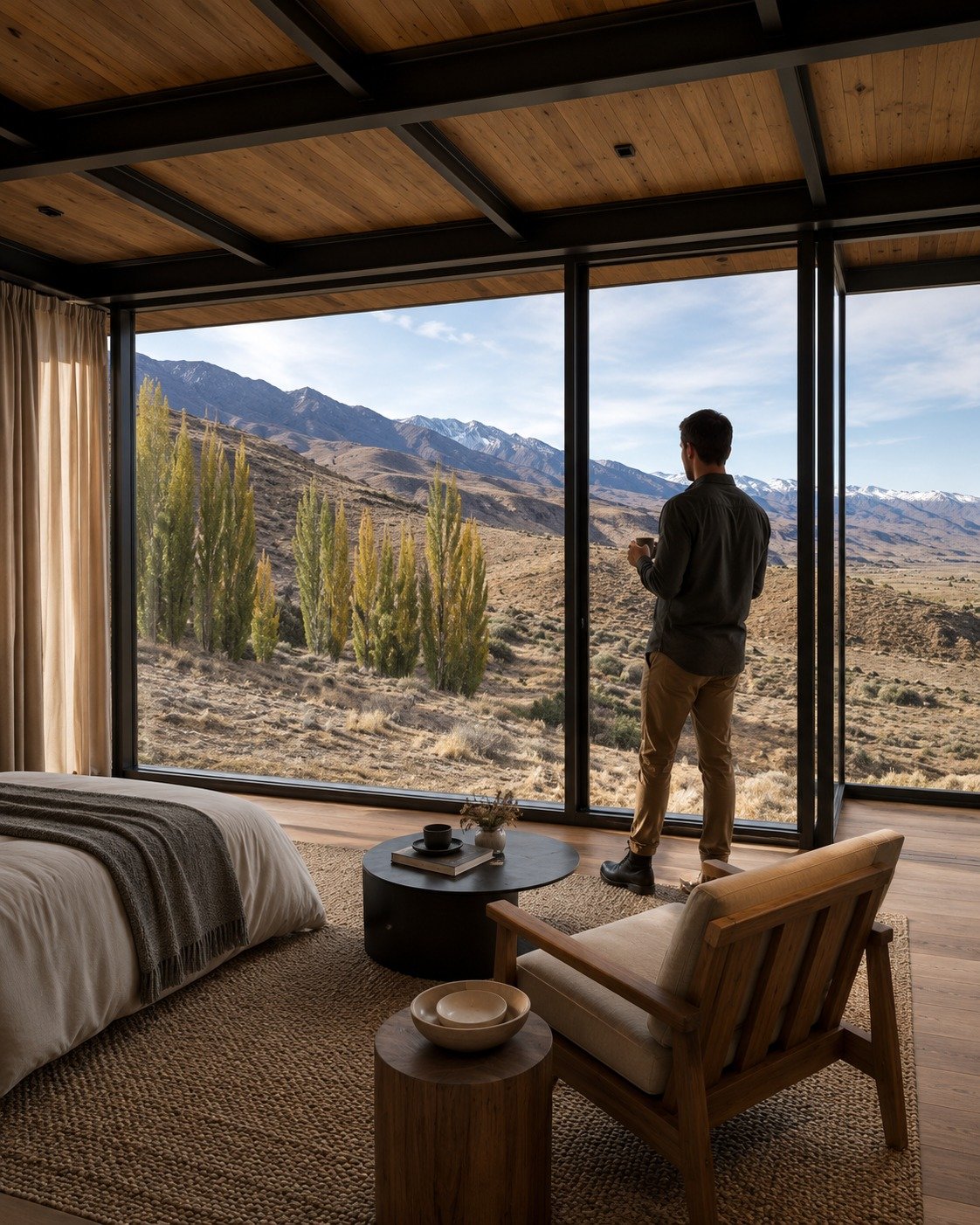 Dormitorio contemporáneo con vista panorámica a la montaña