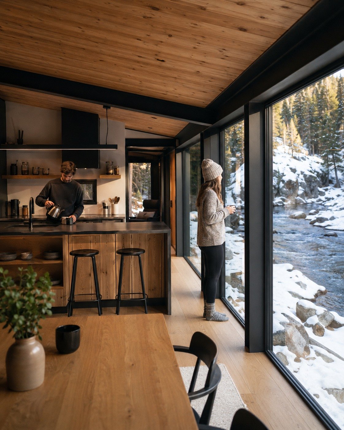 Interior contemporáneo de vivienda modular con cocina, comedor y vistas al paisaje nevado