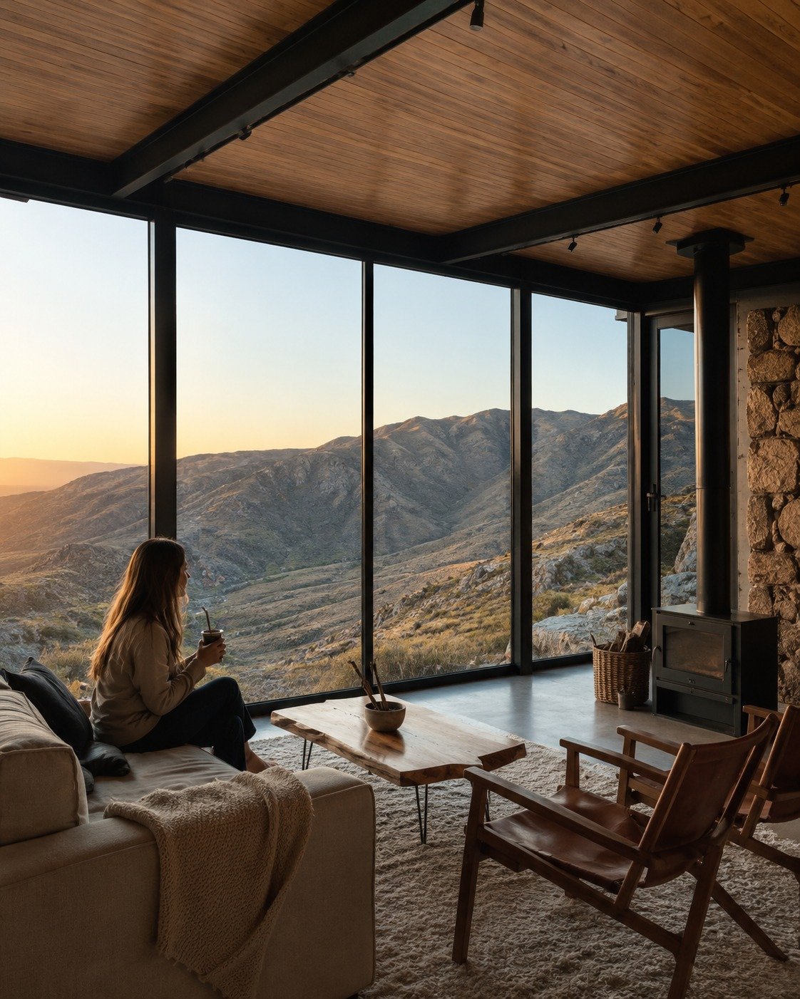 Interior contemporáneo de una vivienda modular con living panorámico y vista a la montaña