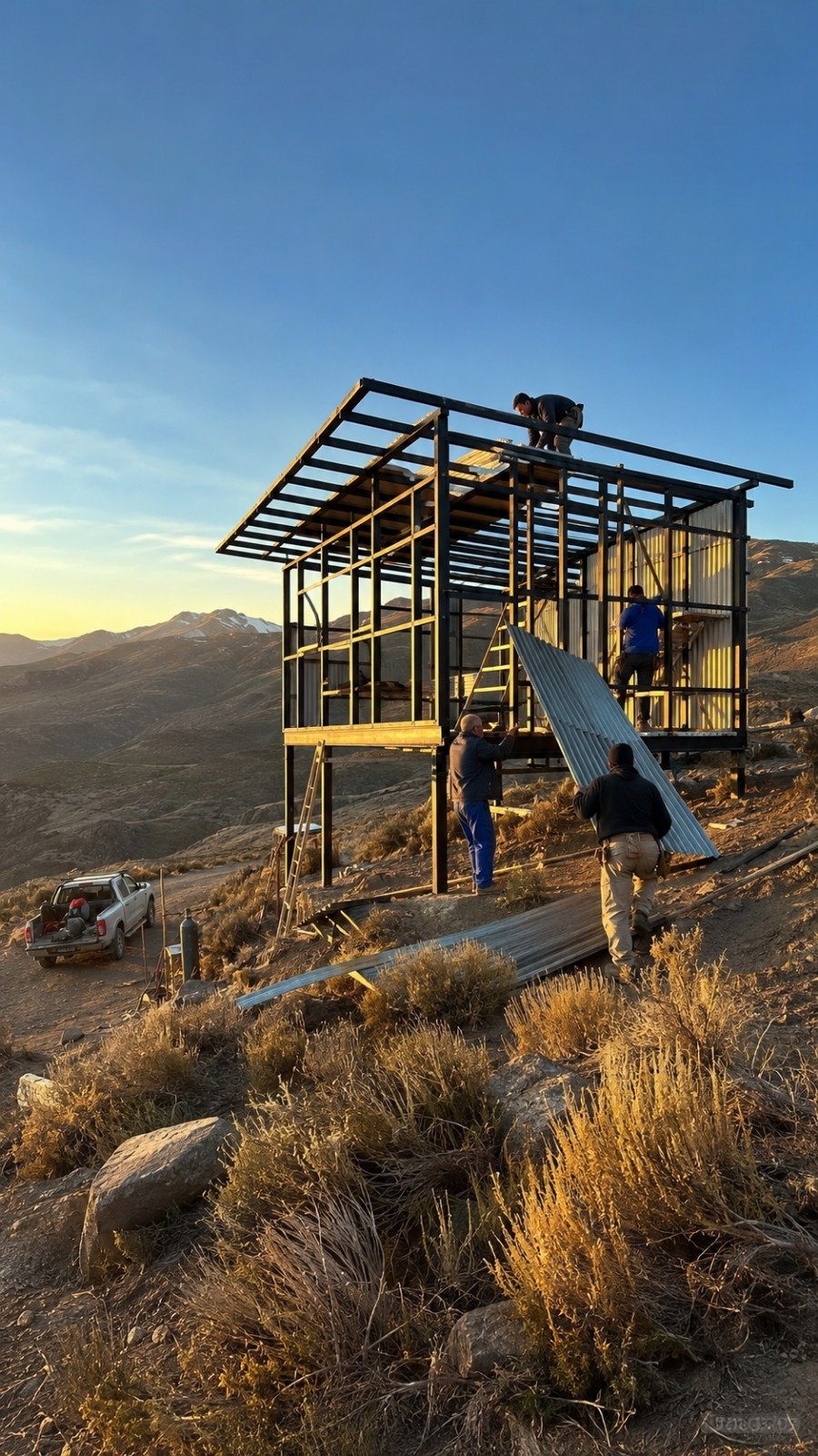 Montaje de una estructura metálica sobre un terreno con pendiente